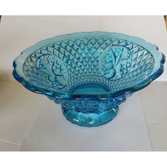 Vintage Aqua Blue Waffle Della Robbia Fruit Panel Glass Punch or Serving Bowl - Picture 2 of 16